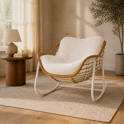 Warm greige reading room | opposite angle of the white metal rocking chair
