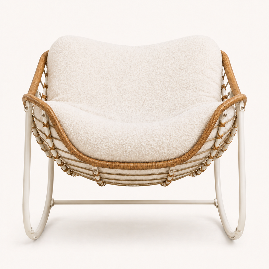 Studio front | white metal rocking chair with honey wicker rim, rope lacing, and curved runners