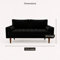 Dimensions | dimensions diagram of black velvet sofa showing 70 inch width and 33 inch height