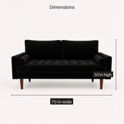 Dimensions | dimensions diagram of black velvet sofa showing 70 inch width and 33 inch height