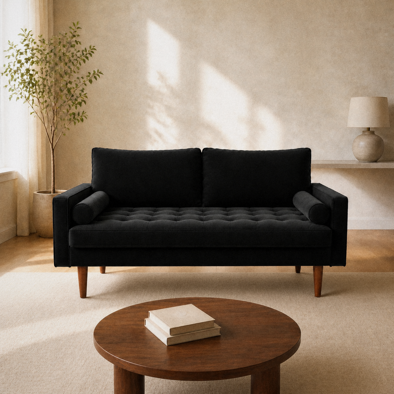 In a room | black velvet tufted sofa with two back cushions and brown wood legs in a warm cream living room