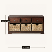 Dimensions | front view of dark cherry storage bench with 42 inch width and 19.7 inch height callouts