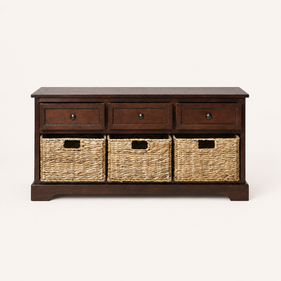 Front | front studio view of dark cherry storage bench with three knobbed drawers and three tan woven baskets
