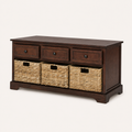 Studio | three-quarter studio view of dark cherry storage bench with drawer row, woven baskets, and right side panel