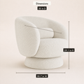 Dimensions | cream white boucle swivel chair annotated with 30.7 inch width, 30 inch depth and 29.1 inch height