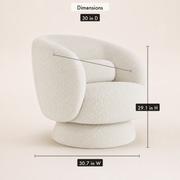 Dimensions | cream white boucle swivel chair annotated with 30.7 inch width, 30 inch depth and 29.1 inch height
