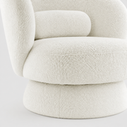 Swivel-base close-up | cream white boucle upholstery and wrapped drum pedestal at the seat-to-base transition