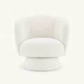 Studio front | cream white boucle swivel chair with rounded barrel back, bolster pillow and wrapped drum base