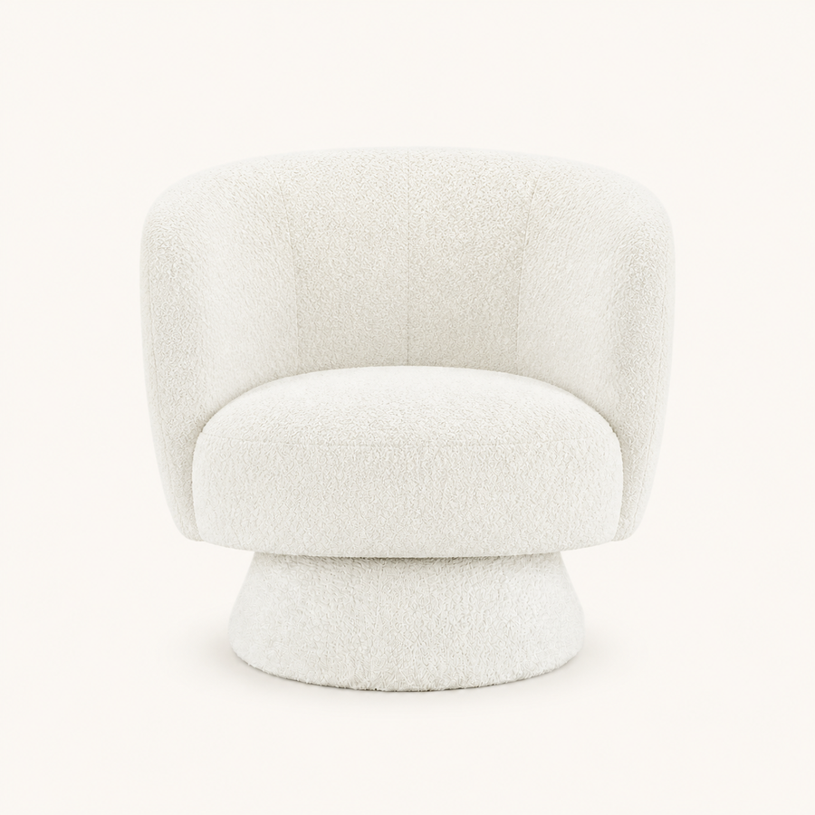 Studio front | cream white boucle swivel chair with rounded barrel back, bolster pillow and wrapped drum base