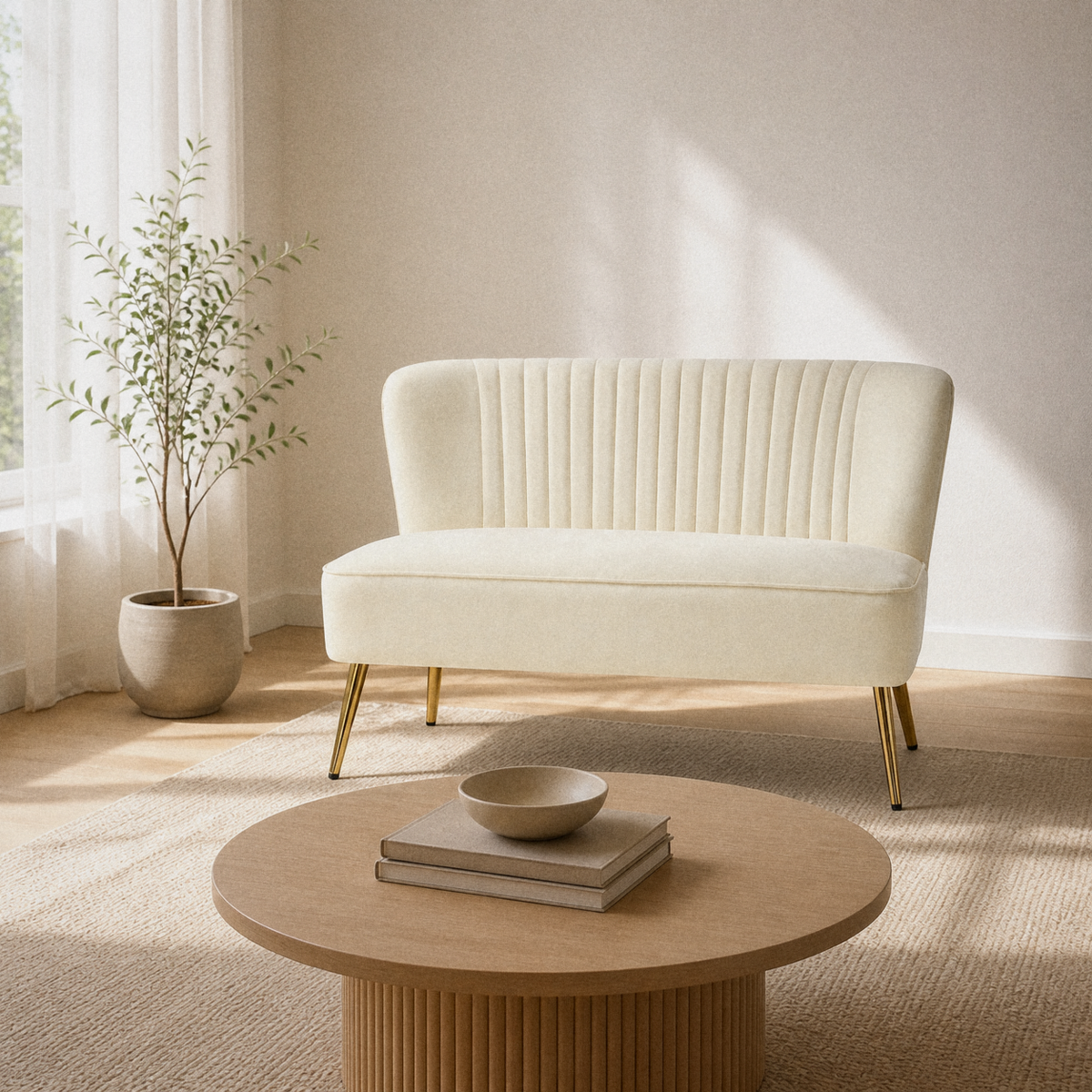 Living room | Ivory velvet armless loveseat with a channel-tufted back and gold metal legs in a warm white room