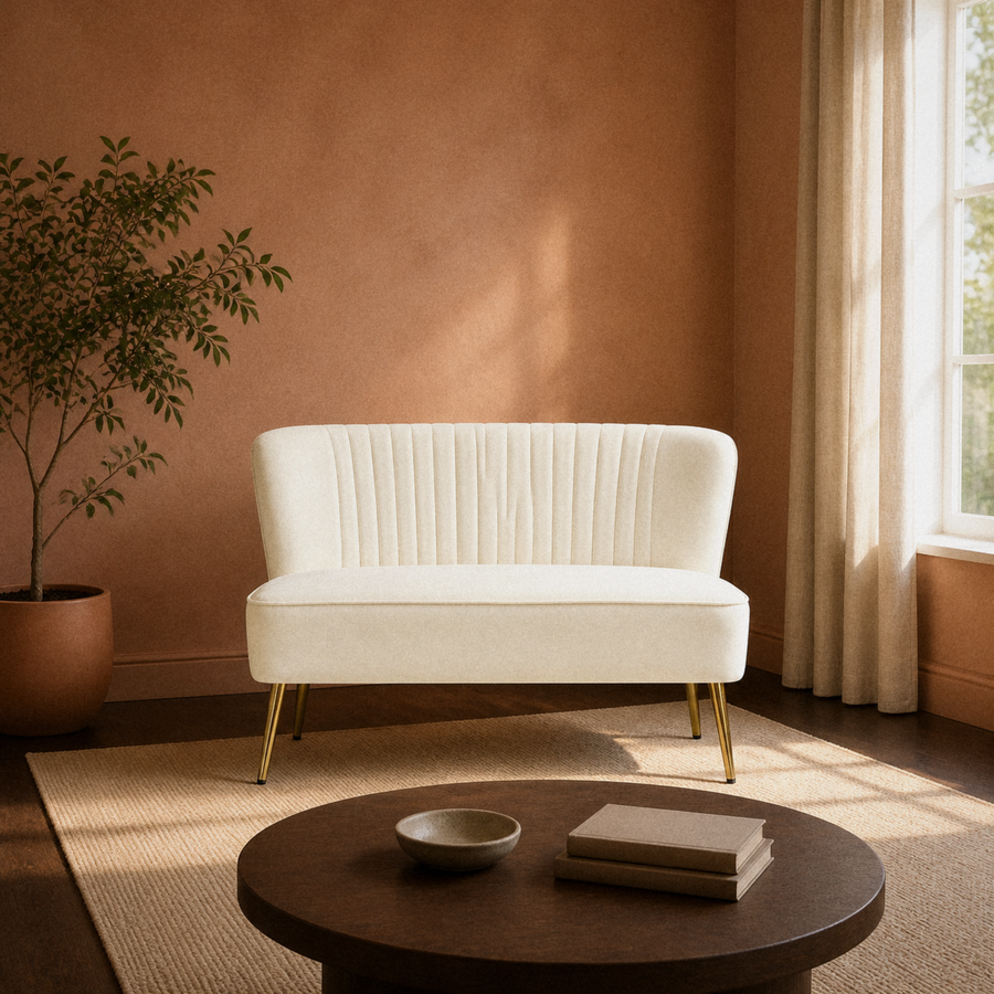 Living room | Ivory velvet armless loveseat in a terracotta-walled room with a walnut coffee table