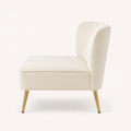 Side | Side profile of ivory velvet armless loveseat with a curved channel-tufted back and gold legs
