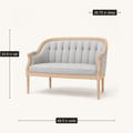 Dimensions | Black tufted loveseat labeled 49.5 inches wide, 26.75 inches deep, and 33.8 inches tall