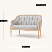 Dimensions | Black tufted loveseat labeled 49.5 inches wide, 26.75 inches deep, and 33.8 inches tall