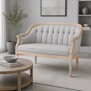 Room angle | Three-quarter view of the black faux leather loveseat in the cool gray city living room