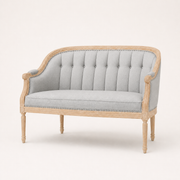 Front | Midnight black button-tufted faux leather loveseat with scrolled birch arms and four turned legs, straight on