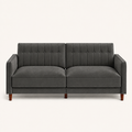 Front | Gray velvet convertible sofa on a paper studio ground, straight on, chevron-tufted split back