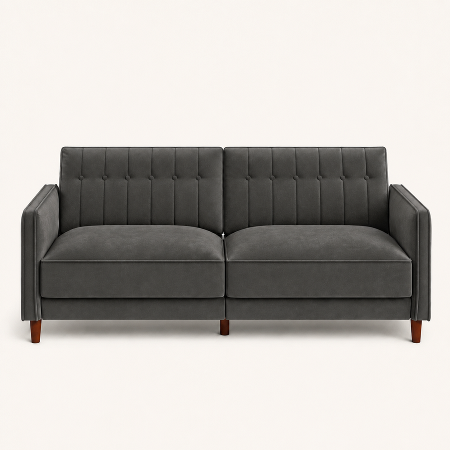 Front | Gray velvet convertible sofa on a paper studio ground, straight on, chevron-tufted split back