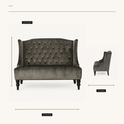 Dimensions | dimension diagram of the charcoal gray loveseat showing 50.25-inch width, 38.5-inch height, and 34-inch depth