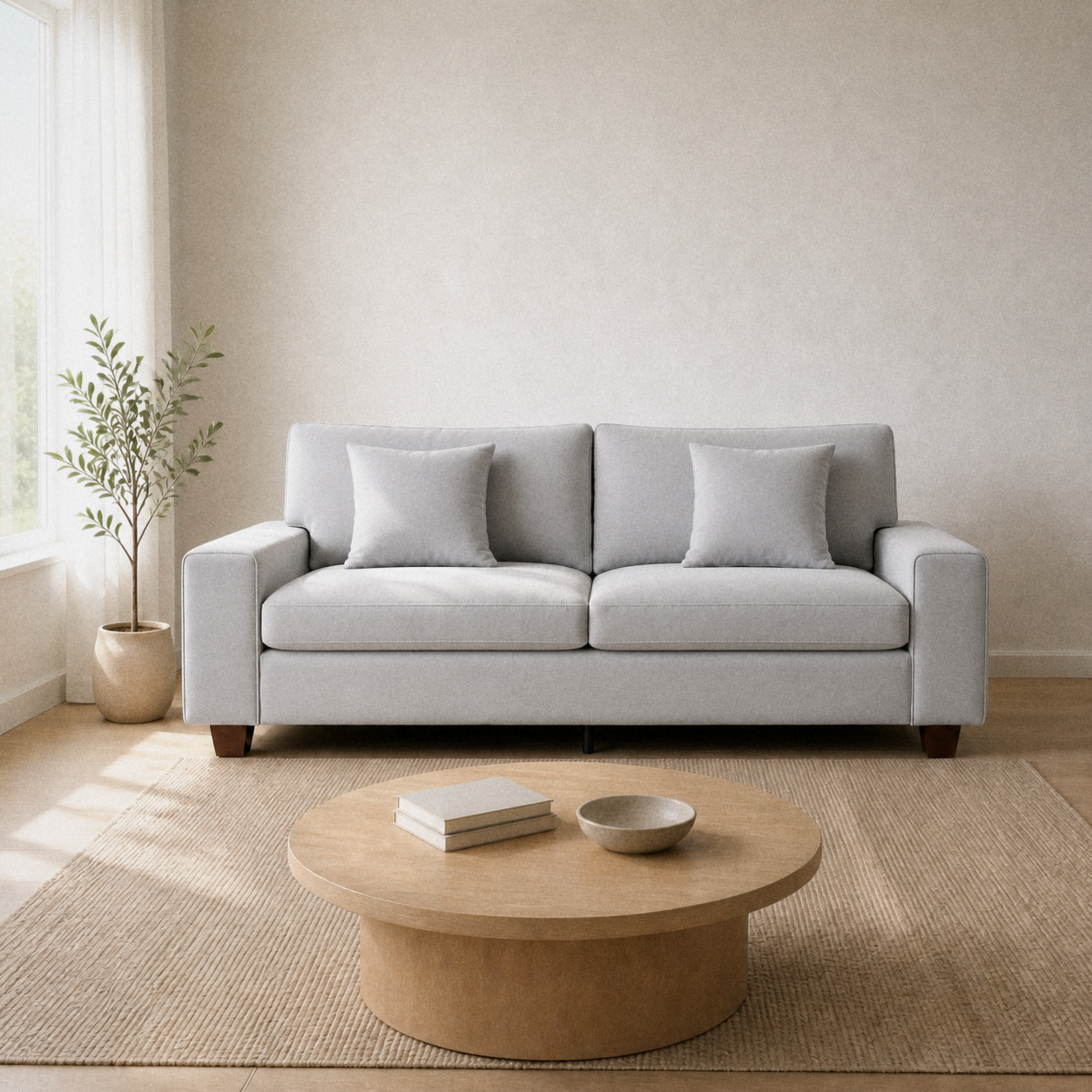 Room | Light gray chenille sofa in a warm pale-oak living room with a round wood coffee table and plant
