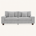 Front | Light gray chenille sofa front view in a warm off-white studio with square arms and two matching throw pillows