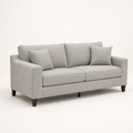 Studio | Three-quarter view of the light gray chenille sofa, showing the left square arm, two cushions, and brown wood legs