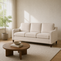 Warm ivory living room angle | beige sofa with dark wood coffee table