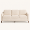 Studio front | beige three-seat sofa with three seat cushions and brown tapered legs