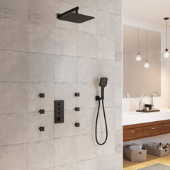 Thermostatic Shower System, 12 Inch, Wall Mount, 6 Body Jets, Matte Black