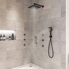Thermostatic Shower System, 12 Inch, Wall Mount, 6 Body Jets, Matte Black
