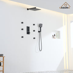 Thermostatic Shower System, 12 Inch, Wall Mount, 6 Body Jets, Matte Black