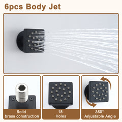 Thermostatic Shower System, 12 Inch, Wall Mount, 6 Body Jets, Matte Black