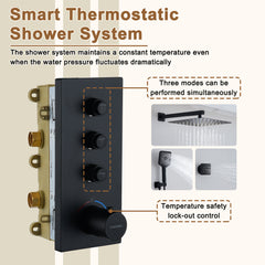 Thermostatic Shower System, 12 Inch, Wall Mount, 6 Body Jets, Matte Black