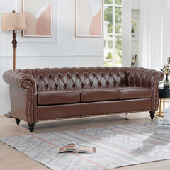Three-Seat Sofa in Brown Faux Leather with Black Wood Legs