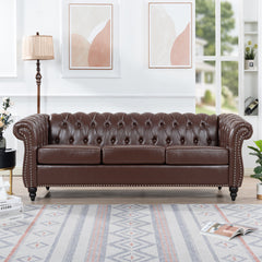 Three-Seat Sofa in Brown Faux Leather with Black Wood Legs