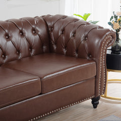 Three-Seat Sofa in Brown Faux Leather with Black Wood Legs