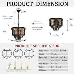 Three-Tier Crystal Chandelier with 6 Lights in Matte Black