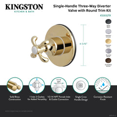 Three-Way Diverter Valve, French Country, Cross Handle in Polished Brass