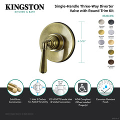 Three-Way Diverter Valve, Tulare, Single Handle with Round Trim in Polished Brass