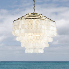 Tiered Capiz Shell Chandelier, 6 Lights, White Shades with Antique Gold Frame