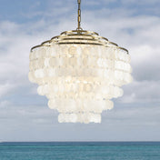 Tiered Capiz Shell Chandelier, 6 Lights, White Shades with Antique Gold Frame