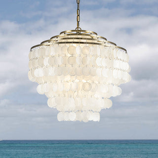 Tiered Capiz Shell Chandelier, 6 Lights, White Shades with Antique Gold Frame