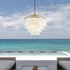 Tiered Capiz Shell Chandelier, 6 Lights, White Shades with Antique Gold Frame