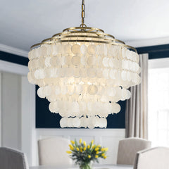 Tiered Capiz Shell Chandelier, 6 Lights, White Shades with Antique Gold Frame