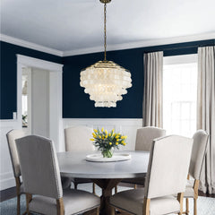 Tiered Capiz Shell Chandelier, 6 Lights, White Shades with Antique Gold Frame
