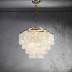 Tiered Capiz Shell Chandelier, 6 Lights, White Shades with Antique Gold Frame
