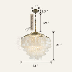 Tiered Capiz Shell Chandelier, 6 Lights, White Shades with Antique Gold Frame