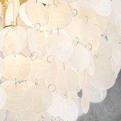 Tiered Capiz Shell Chandelier, 6 Lights, White Shades with Antique Gold Frame