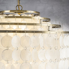 Tiered Capiz Shell Chandelier, 6 Lights, White Shades with Antique Gold Frame
