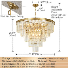 Tiered Chandelier, 15 Lights, Brass Metal Frame with Crystal Accents